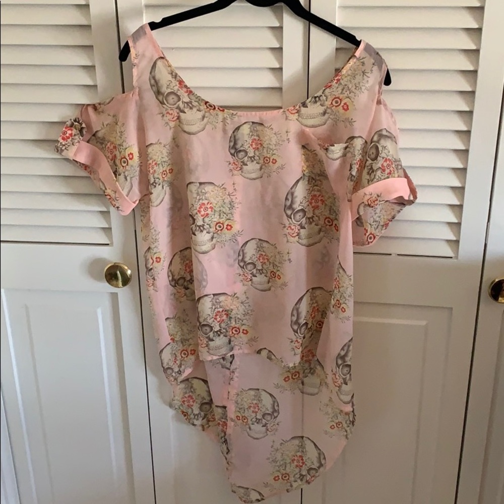 Pink sheer skulls and flowers top! Open shoulders
